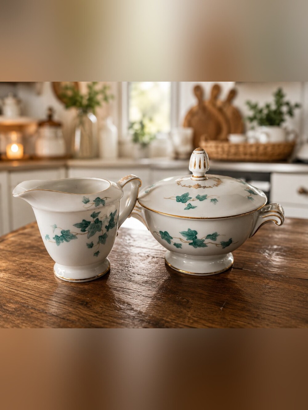 Sango Caprice Japan Covered Sugar Bowl &‎ Creamer Set Green Ivy Gold Trim